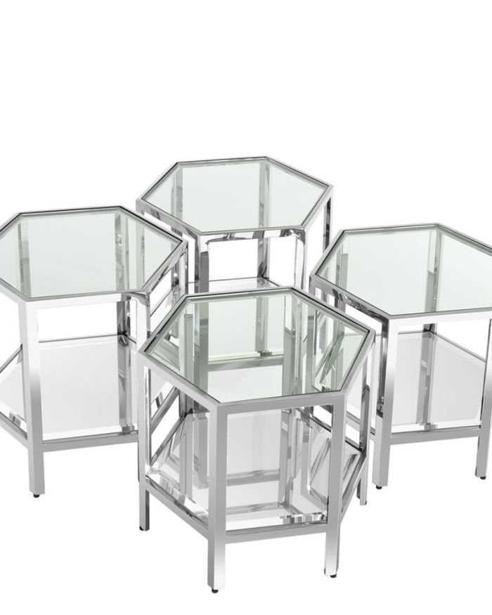 Coffee Table Honeycomb Polished stainless steel | bevelled mirror glass Clear glass Dimensions S:	45 x 39 x H. 40,5 cm 17.72″ x 15.35″ x 15.94″ H Dimensions L:45 x 39 x H. 46 cm 17.72″ x 15.35″ x 18.11″ H