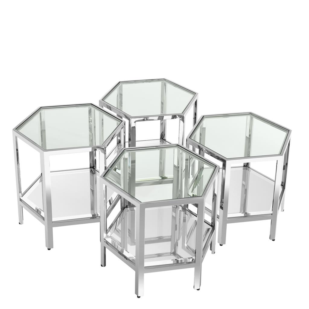 Coffee Table Honeycomb Polished stainless steel | bevelled mirror glass Clear glass Dimensions S:	45 x 39 x H. 40,5 cm 17.72″ x 15.35″ x 15.94″ H Dimensions L:45 x 39 x H. 46 cm 17.72″ x 15.35″ x 18.11″ H