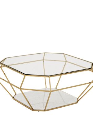 Coffee Table Oktant Gold finish | clear glass | white marble 100 x 100 x H. 41 cm 39.37″ x 39.37″ x 16.14″ H