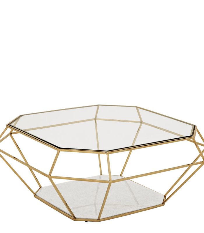 Coffee Table Oktant Gold finish | clear glass | white marble 100 x 100 x H. 41 cm 39.37″ x 39.37″ x 16.14″ H