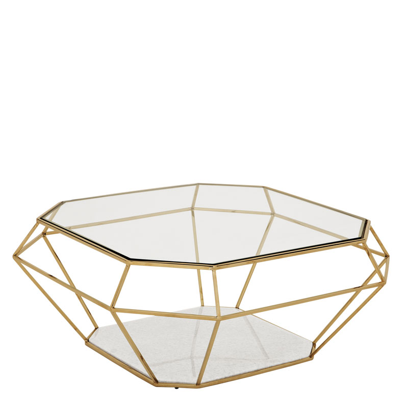 Coffee Table Oktant Gold finish | clear glass | white marble 100 x 100 x H. 41 cm 39.37″ x 39.37″ x 16.14″ H