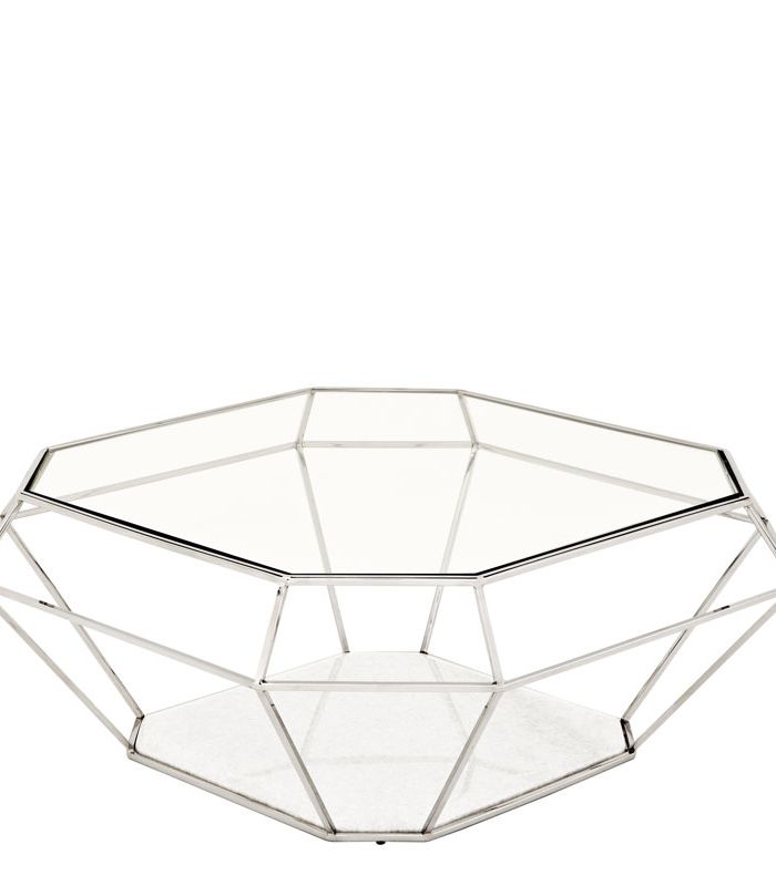 Coffee Table Oktant Nickel finish | clear glass | white marble 100 x 100 x H. 41 cm 39.37″ x 39.37″ x 16.14″ H