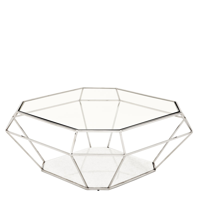 Coffee Table Oktant Nickel finish | clear glass | white marble 100 x 100 x H. 41 cm 39.37″ x 39.37″ x 16.14″ H