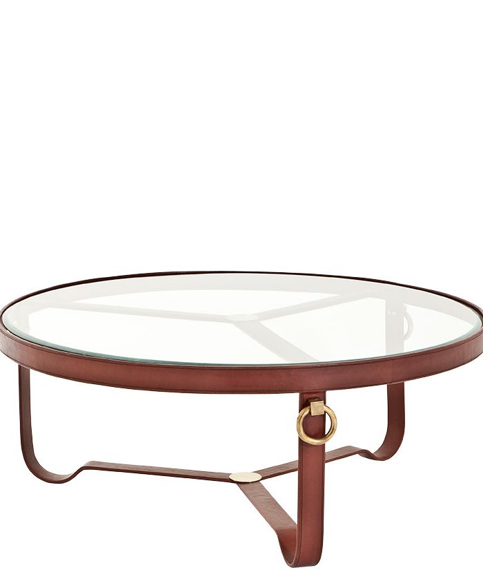 Coffee Table Kemer Brown leather | antique brass finish | clear glass ø 100 x H. 40 cm 39.37″ dia x 15.75″ H