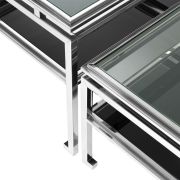 Coffee Table Tetris Polished stainless steel | black glass Clear glass Dimensions S: 50 x 50 x H. 38 cm 19.69″ x 19.69″ x 14.96″ H Dimensions L: 50 x 50 x H. 46,5 cm 19.69″ x 19.69″ x 18.31″ H