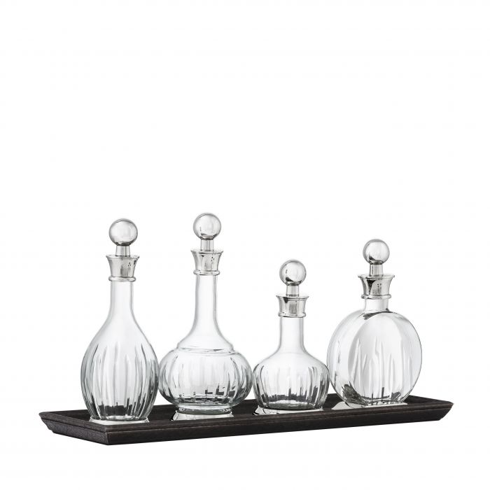 Decanter Shannon Set of 4 Nickel finish | clear glass Brown leather look tray