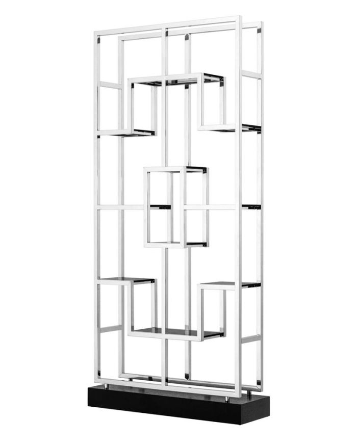 Cabinet Lagoon Polished stainless steel | smoke glass Oak veneer base 108 x 29 x H. 240 cm