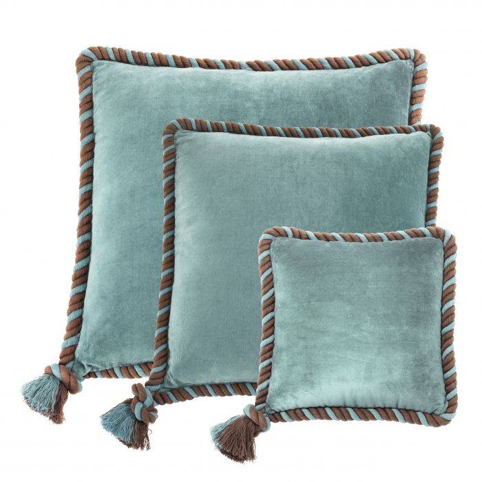 Pillow Rivoli Aqua blue velvet | hand knotted rope Set of 3