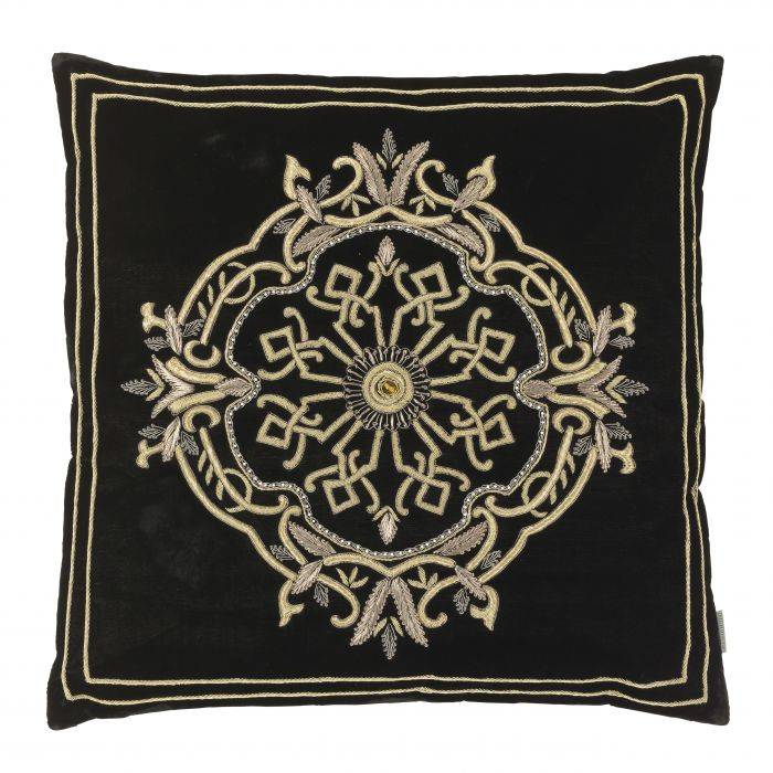 Pillow Noblesse L Black velvet | silver colour thread Hand embroidered
