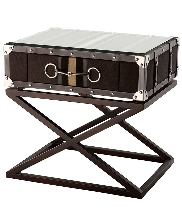 Side Table Astra Dark grey canvas | gunmetal finish | nickel finish Clear glass 62 x 49 x H. 57 cm 24.41″ x 19.29″ x 22.44″ H