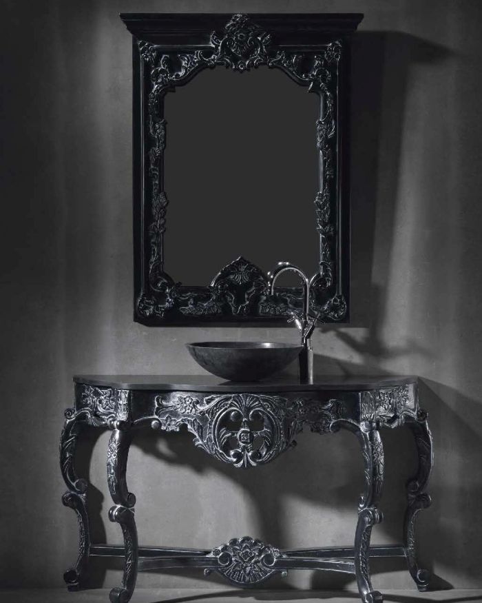 Bath Console Mystery 130 x 44 x 81 ANTHRACITE ON WOOD; TOP: TEBAS BLACK SILESTONE