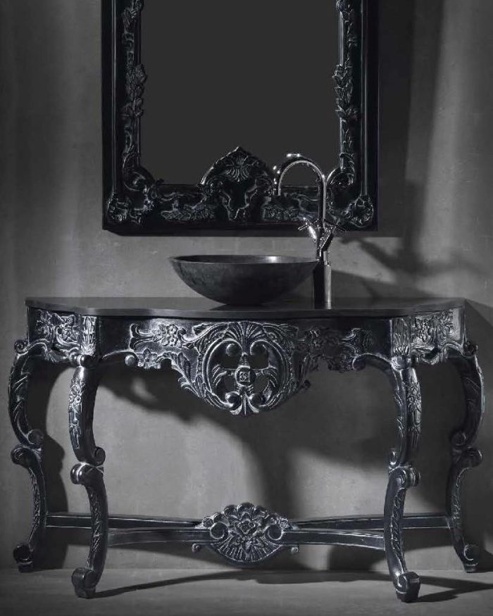 Bath Console Mystery 130 x 44 x 81 ANTHRACITE ON WOOD; TOP: TEBAS BLACK SILESTONE