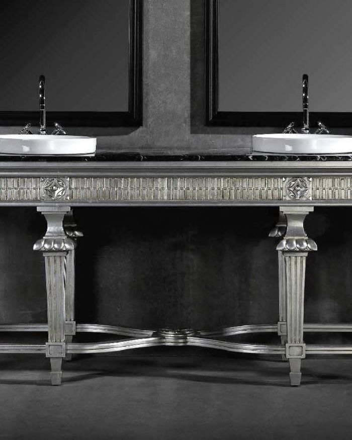 Bath Console Serious 202 x 66 x 84 ANTIQUE SILVER ON WOOD; TOP: BLACK MARQUINA MARBLE