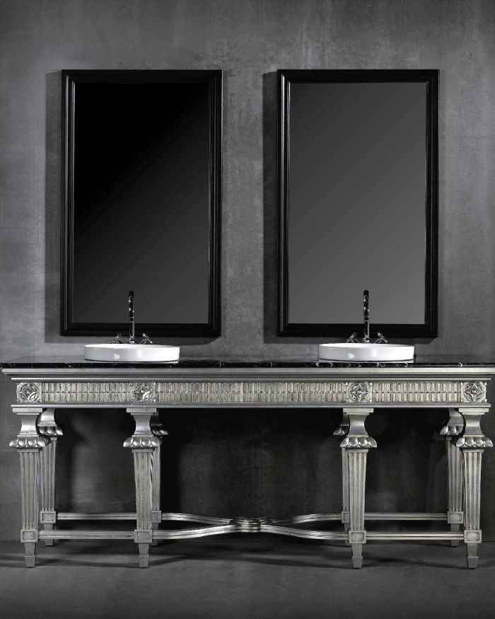 Bath Console Serious 202 x 66 x 84 ANTIQUE SILVER ON WOOD; TOP: BLACK MARQUINA MARBLE
