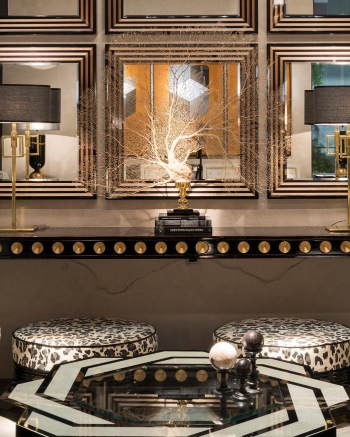 Console Golden Points 300 x 50 x 88 cm Ebony, black laquered and gold