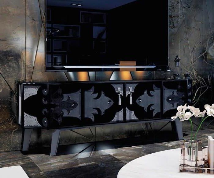 Sideboard Vintage 222 x 52 x 90 CRACKED BLACK ON WOOD; WITH LEATHER DECORATION; IRON LEGS ONYX BLACK