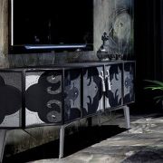 Sideboard Vintage 222 x 52 x 90 CRACKED BLACK ON WOOD; WITH LEATHER DECORATION; IRON LEGS ONYX BLACK