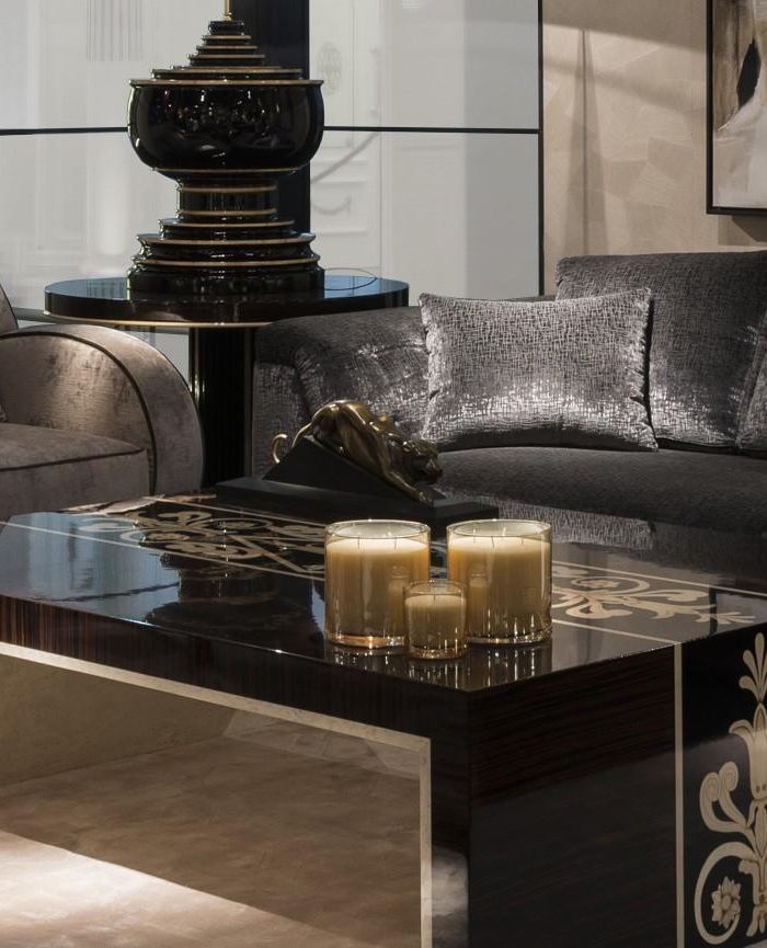Table Allegra 160 x 120 x 45 cm Ebony, black lacquered wood, sycamore and birds-eye maple