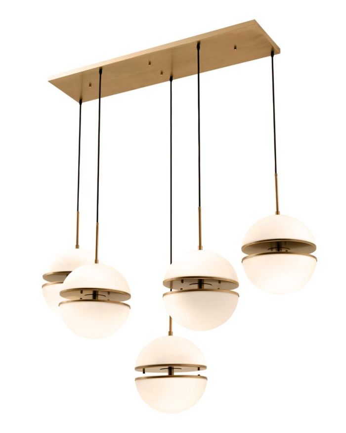 Hanging Lamp Alderaan 5 light Antique brass finish | white glass 130 x 50 x H. 190 cm | adjustable
