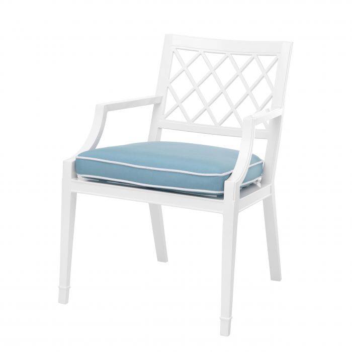 DINING CHAIR Grace Kelly WITH ARM White finish | sunbrella mineral blue